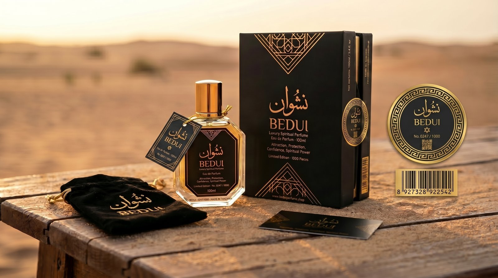 BEDUI NSHWAN octagonal crystal bottle showing Arabic calligraphy Nshwan label at sunset