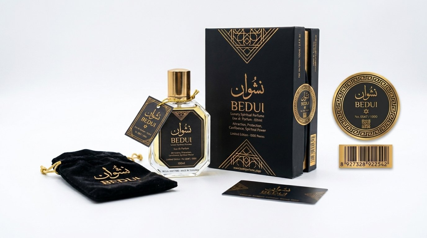 BEDUI Private Edition hero — bottle and box with velvet pouch in golden desert light
